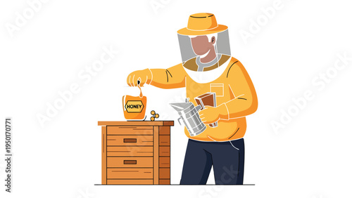 Bee Farmer and Honey Jar: This illustration shows a bee farmer wearing protective gear, diligently handling a jar of honey near the wooden beehive.