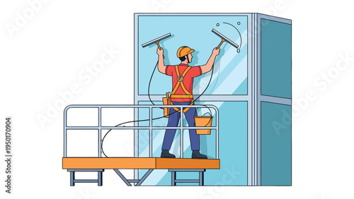 Window Washer: A professional window cleaner on a cleaning platform ensures clear views by cleaning large windows with determination.