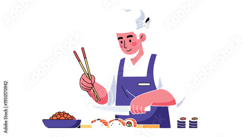 Sushi Chef's Craft: A skilled chef meticulously prepares exquisite sushi rolls, using chopsticks with precision, showcasing the art of Japanese culinary artistry.