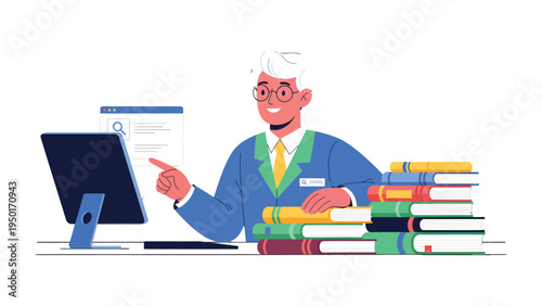 The Scholar and the Digital Realm: An intellectual, perhaps a professor or librarian, interacts with a computer. A collection of colorful books on the desk suggests scholarship and learning