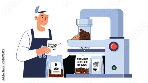 Coffee Packaging Process: A barista meticulously oversees the automated packaging of freshly roasted coffee beans, ensuring each bag is filled with the rich aroma and flavor.