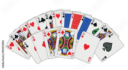 Fan-shaped arrangement of colorful playing cards on a white background with a classic and vibrant mood.