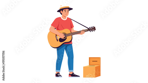 Melodic Serenade: A street musician captivates with a soulful tune, strumming chords on his acoustic guitar, inviting the audience to savor the melody and feel the rhythm.
