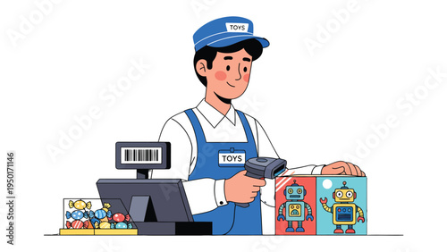 Shopkeeper at the Counter: A cheerful shopkeeper is shown at the counter scanning toy boxes in a toy store. capturing the daily routine and customer experience.