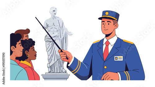Artistic Guidance: A museum guide shares knowledge, pointing toward a marble statue, with an attentive group of visitors gathered nearby. Exploring history and art through engaging tour