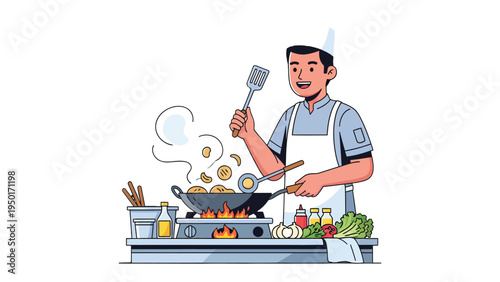 Culinary Artist at Work: A skilled chef, adorned in a classic chef's hat and apron, expertly handles cooking tools and ingredients in a vibrant, artistic illustration that depicts culinary prowess.