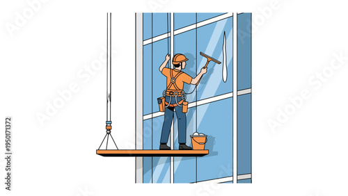 Window Washer at Work: A worker diligently cleans windows of a modern skyscraper, suspended in mid-air with safety harness.