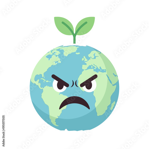 Vector graphic an angry Earth with a green sprout, symbolizing environmental distress, urging global ecological awareness for a sustainable future for all