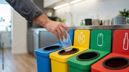 Person sorting waste in colorful recycling bins in modern office kitchen, promoting sustainability