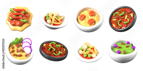 Plates and pans with hot Mexican dishes. Vector detailed models in different positions