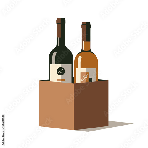 Vector graphic showcasing two premium wine bottles, a rich red and a crisp white, carefully arranged in a brown cardboard box, ideal for a thoughtful gift or beverage delivery