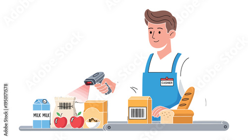 Grocery Store Checkout: A diligent store employee scans groceries at a checkout counter. The scene evokes a sense of efficiency and consumer experience in a bustling grocery setting.