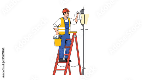 Electrician on the job: A skilled electrician diligently performs maintenance on a street lamp, showcasing their expertise.