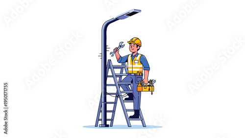 Electrician Repairing a Street Light: A skilled electrician diligently works on a tall street light, ensuring its functionality and contributing to the safety and illumination of urban environments.