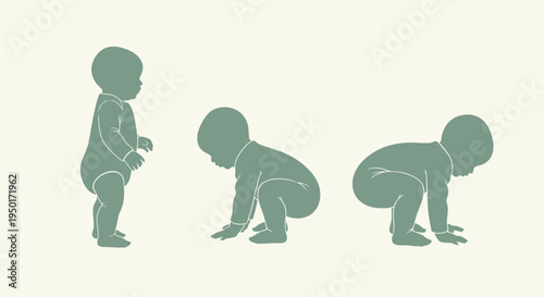 Stages of baby motor development graphic showing an infant learning to stand, squat, and balance, representing early childhood physical growth milestones