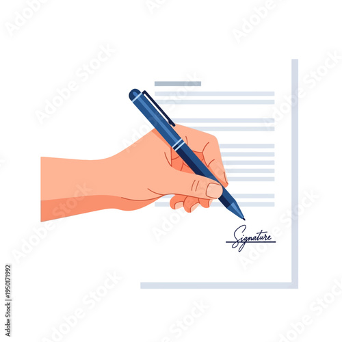 Detailed vector illustration depicting a human hand signing an important official document with a pen, embodying concepts of legal agreements, contracts, and consent forms