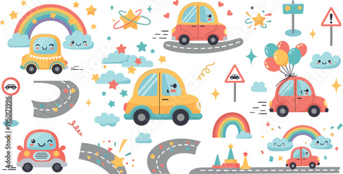 Cute Cartoon Cars and Road Safety Elements Illustration Set Featuring Rainbow Roads, Traffic Signs, Balloons, Clouds and Kids Transportation Adventure Icons