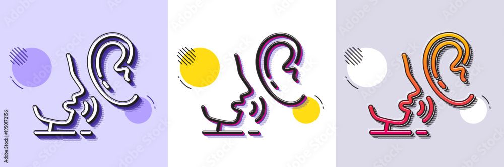 Fototapeta premium Whisper line icon. Halftone dotted pattern. Gradient icon with grain shadow. Audio message sign. Hearing symbol. Line whisper icon. Various designs. Vector