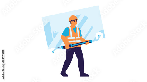 Construction Worker: A construction worker is depicted carrying large window and squeegee