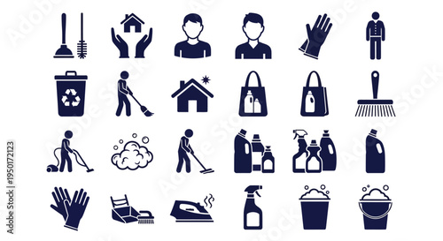 Collection of Cleaning and Household Icons representing various chores and services, including sweeping, sanitization, and home maintenance tasks