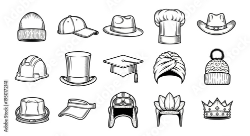Comprehensive outline vector illustration set showcasing a diverse array of hats, caps, and various headwear, ranging from fashion accessories to professional and cultural head coverings