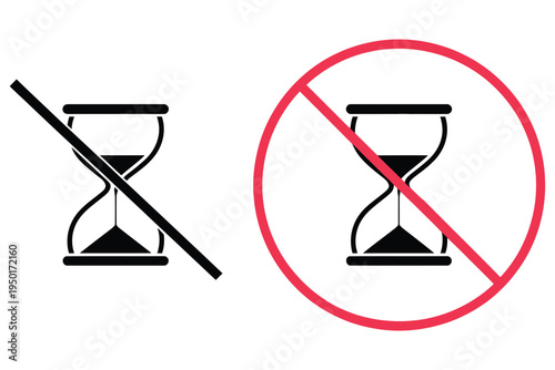 Stop, time vector icon with sandglass prohibition symbol, representing paused time, restricted duration, and no countdown concept, clean modern flat vector design