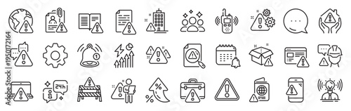 Warnings line icons. Settings gear, Message, Inflation icons. Caution sign, Exclamation mark, Risk attention. Danger alert, error caution, urgent information line icons. Vector
