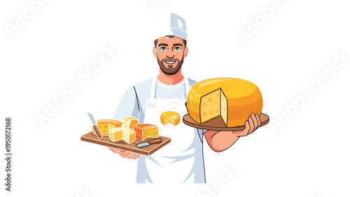 Cheese Artisan's Culinary Display: A skilled artisan, proudly presenting an array of delectable cheese selections, including whole cheese and portioned pieces.