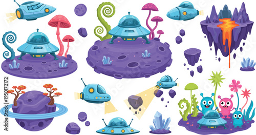 Cartoon Alien Planet Landscape and UFO Spaceship Illustration Set Featuring Fantasy Space Islands, Mushrooms, Crystals, Lava Rocks and Cute Extraterrestrial Creatures