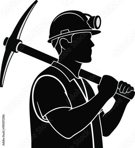Black silhouette of a miner wearing a helmet with a headlamp holding a pickaxe over his shoulder