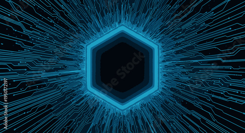 Abstract hexagon tunnel with digital circuits and futuristic technology connections