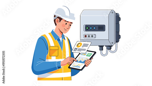 Digital Technician's Inspection: A skilled technician, equipped with a digital tablet, conducts a thorough inspection of advanced technology within a professional work setting.