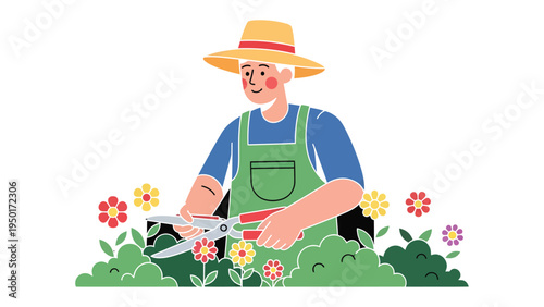 The Gardener at Work: A diligent gardener, wearing a straw hat and overalls, meticulously trims the vibrant blooms with precision, embodying the essence of horticulture