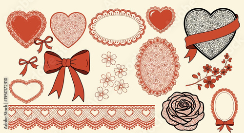 Collection of Valentine's Day themed decorative elements including hearts, bows, flowers, and lace trim, ideal for crafting and scrapbooking projects