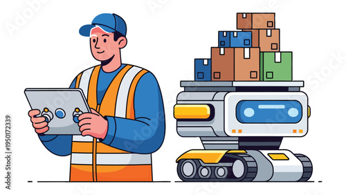 Delivery Collaboration: A harmonious illustration showcasing a delivery professional and a robot working together to facilitate package transport.
