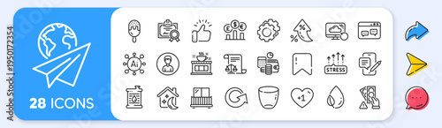 Oil barrel, Paper plane and Coffee shop line icons. Interest rate, AI generate, Inflation icons. Pack of Settings gears, Phone chat, Leaf dew icon. Vector