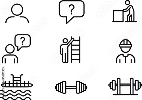 Activity and role icons illustration showing person outline, speech bubble, construction worker, ladder climbing, swimming pool, dumbbell, and barbell representing communication, fitness, labor, and r