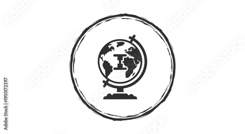 A black and white illustration of a globe.