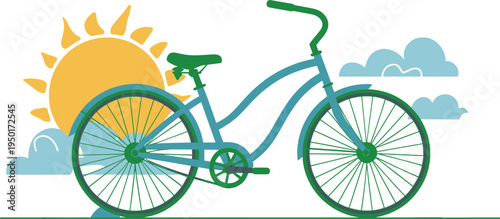 Stylized bicycle illustration with green and blue frame, detailed spokes, curved design, bright yellow sun, and clouds representing outdoor leisure, eco‑friendly transport, and sunny day lifestyle