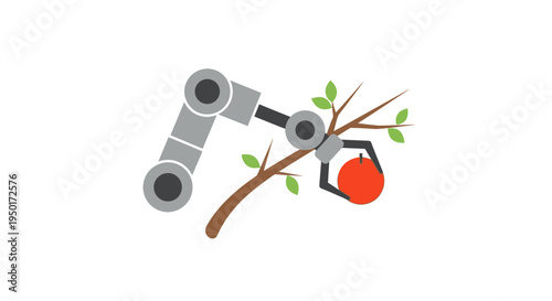 Robot arm picking an apple from tree branch with green leaves.