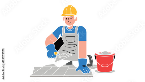 Tile Laying Expertise: A skilled construction worker diligently lays tiles, applying grout with precision and care, creating a durable and visually appealing surface.