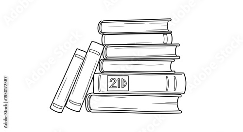 A stack of books with one leaning.