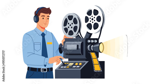 The Filmmaker & The Projector: A filmmaker intently focuses on an antique projector, showcasing the art of cinema with its classic elements. 