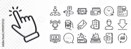 Phone photo, Delivery app and Typewriter line icons for web app. Glare of light effect. Message icon. Pack of Management, Online video, Fake news pictogram icons. Vector