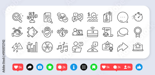 Chemical hazard, Music and Quiz test line icons pack. Social media: share, comment, like icons. Chemistry lab, Vip certificate, Interview web icon. Vector