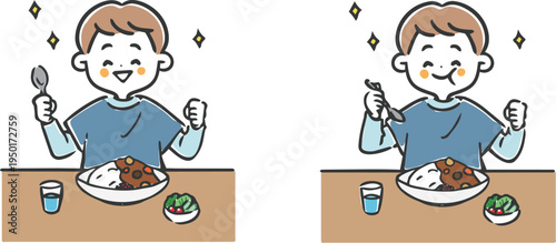 カレーライスを食べる男の子　ベクター