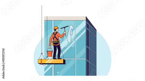 Sky-High Gleam: An urban worker, safely harnessed, meticulously cleans the skyscraper windows, ensuring a pristine view for the city.