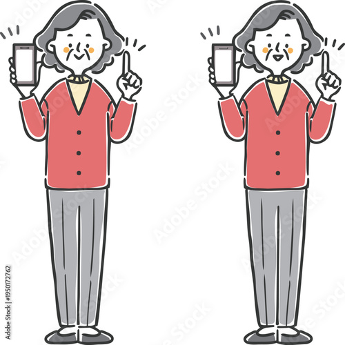 スマホを持って説明するシニア女性のイラストセット　全身　ベクター