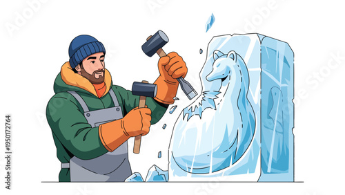Ice Sculpture Artisan: Capturing the artistic process of an artisan meticulously carving a polar bear from a block of ice. The scene is a testament to the skill and dedication of ice sculpting.