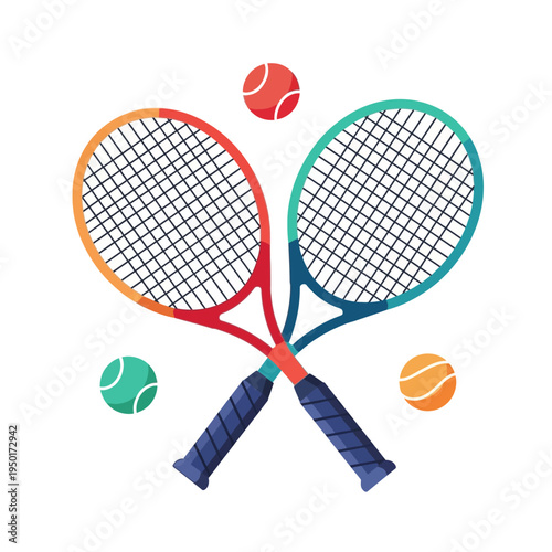 Vibrant vector illustration featuring a pair of crossed tennis rackets and colorful tennis balls, embodying the dynamic spirit of recreational sports and active play